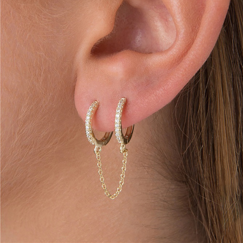 Hip Hop Chain Zirconium Double Hole Earrings